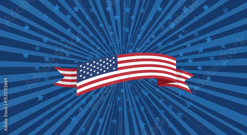 Patriotic American Flag Banner with Starburst Background 4th of July Design