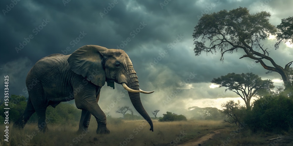 Naklejka premium Graceful African elephants with huge tusks and babies roaming wild in the grassy savannah of Kruger Park