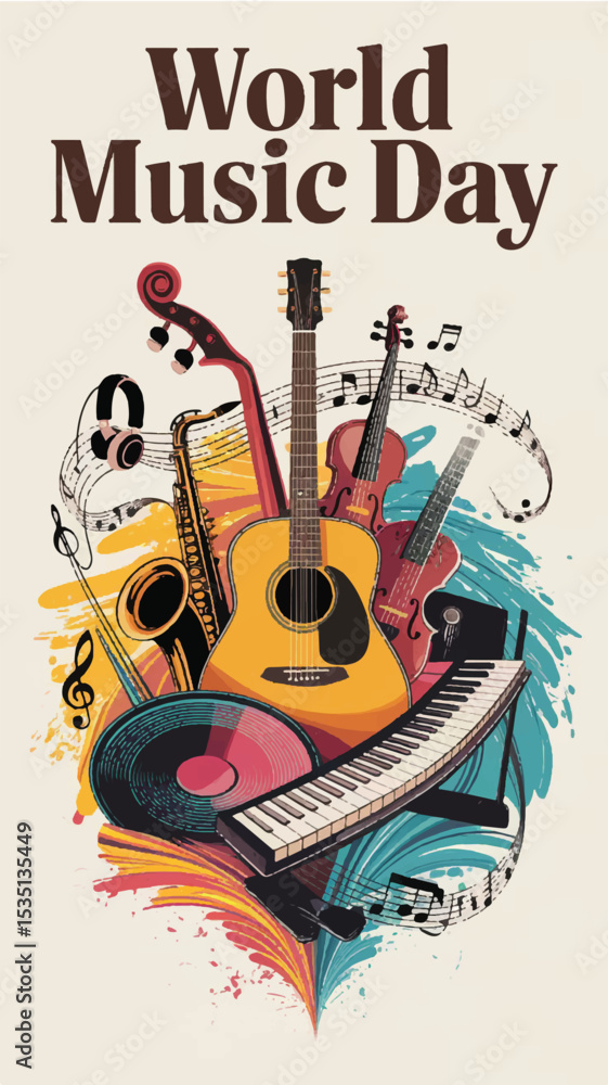 Obraz premium World Music Day poster illustration. Colorful vector design with musical instruments like guitar, piano, and saxophone for a global music festival celebration