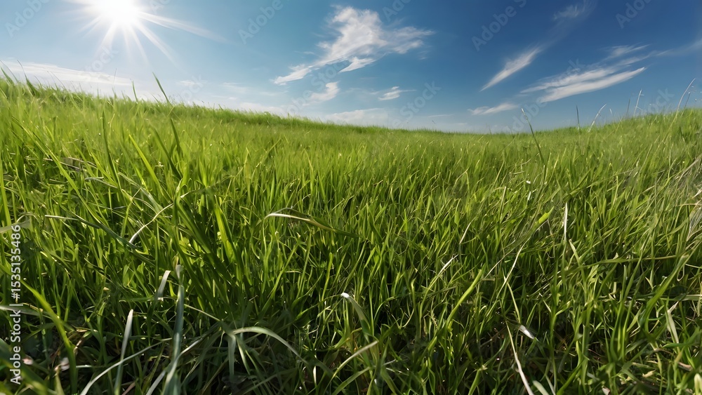 Fototapeta premium Realistic wide-angle view of a bright green grass field under a clear blue sky.