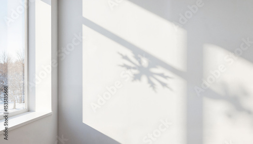 Snowflake shadow on white wall with window light in winter setting  