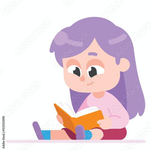 Girl with Purple Hair Reading Book Illustration