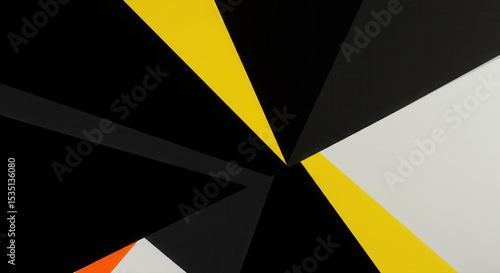 Geometric abstract artwork with black, yellow, and white elements.