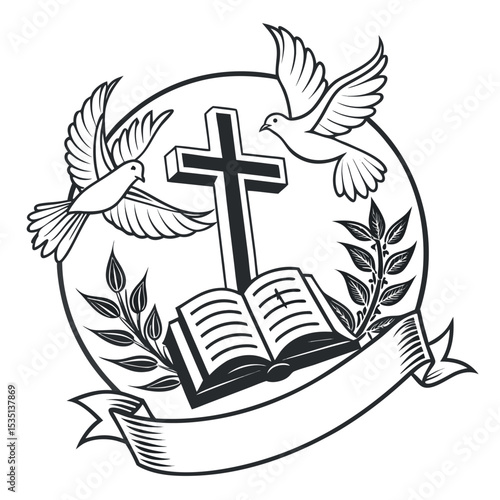Christian Symbol Featuring Cross Bible Doves and Laurel Wreath