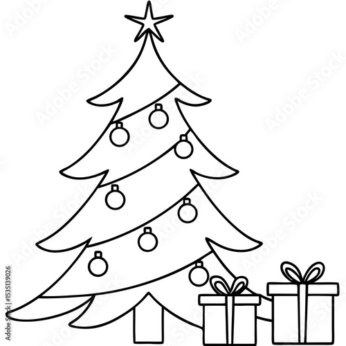Christmas tree with presents line art illustration. Festive Christmas tree decorated with ornaments and gift boxes under it. Simple Christmas tree design perfect for holiday cards and coloring pages.