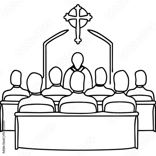 Simple church service line art illustration.  Congregation seated in pews facing clergyman at altar. Cross displayed above altar.  Perfect church service image for religious publications, invitations.