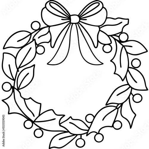 Christmas wreath with bow, holly leaves and berries. Elegant festive decoration with large satin ribbon bow.  Simple line art Christmas wreath for holiday cards, invitations, and scrapbook designs.