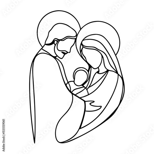 Holy family line art illustration. Simple holy family image perfect for religious imagery. This holy family drawing is ideal for christmas cards, religious prints, and church publications.