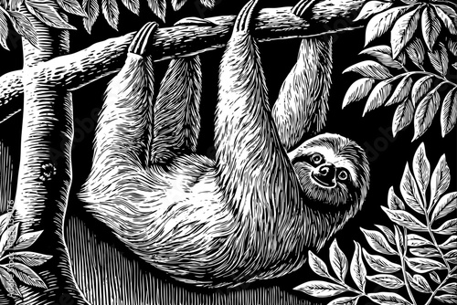 slow-moving sloth hanging upside down from a tree branch black and white sketch vector