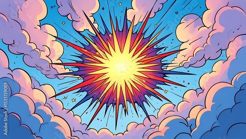 Celestial Burst Vibrant Comic Style Sun Explosion in a Cloudy Sky