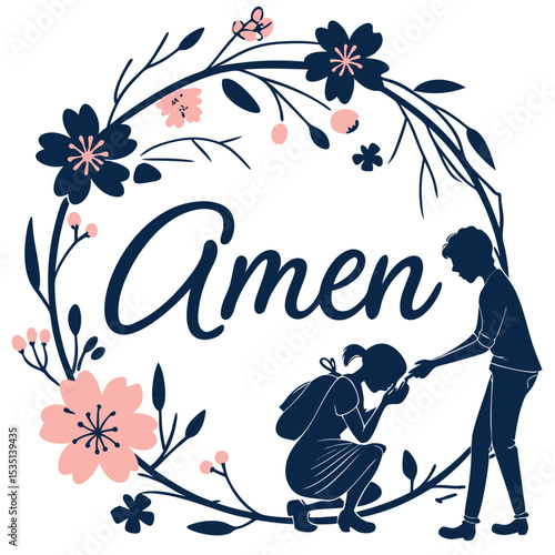Couple in Prayers with Beautiful Decoration and Stylish Amen Text