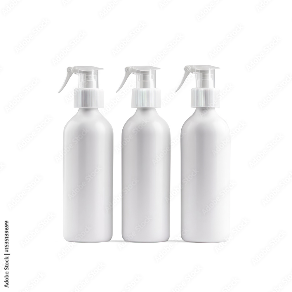 Four Minimalist White Spray Bottles on a Transparent Background Four Minimalist White Spray Bottles on a Transparent Background
