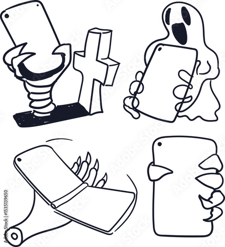 Ghosts and clawed monster paws hold or advertise smartphones and phones.