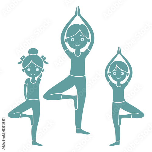 Three Teal Silhouettes Women Practicing Tree Pose Yoga Exercise Fitness Wellness