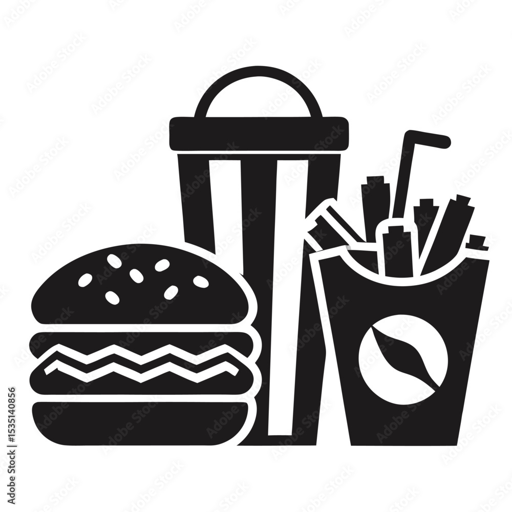 Black and white illustration of fast food including burger fries and soda drink Black and white illustration of fast food including burger fries and soda drink