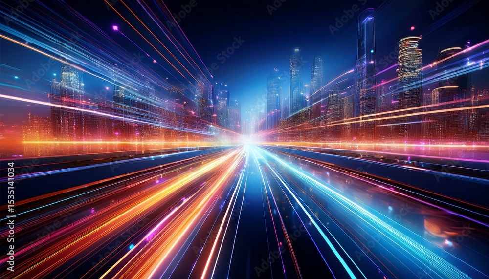 Fototapeta premium abstract light trails speed through a futuristic cityscape at night symbolizing fast data transfer and modern technology