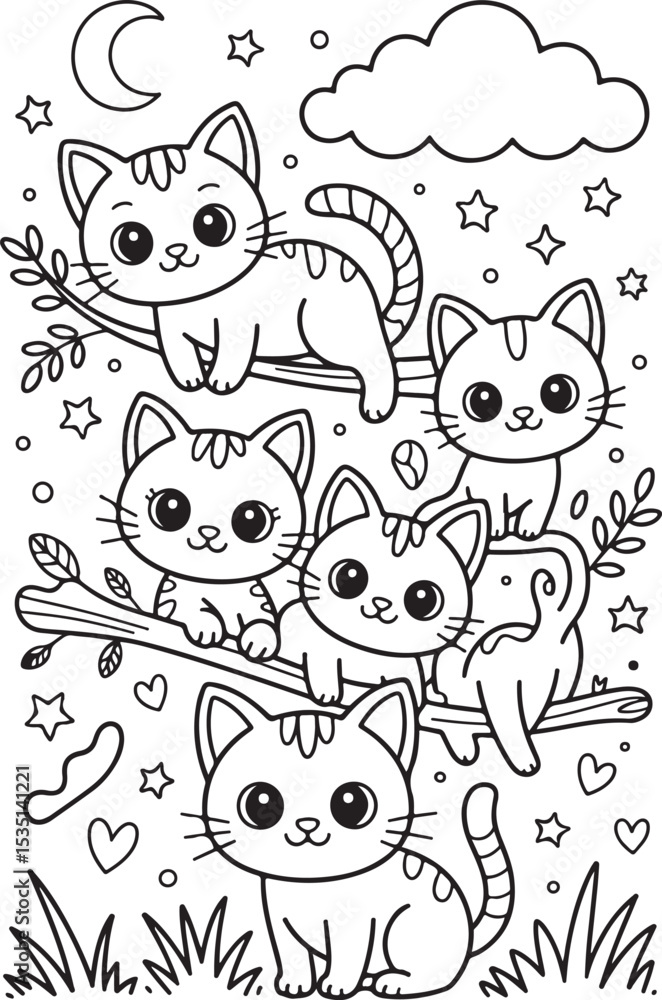 Fototapeta premium Cats on Branch Scene Nature Art Minimalist Moon and Star Design Whimsical Feline Illustration