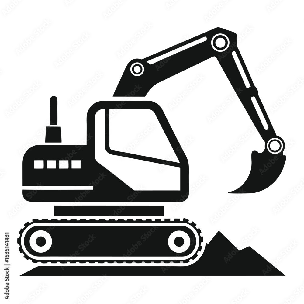 Black and white silhouette illustration of a heavy construction excavator digging earth Black and white silhouette illustration of a heavy construction excavator digging earth