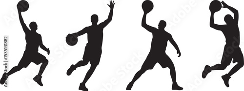 Four basketball player silhouettes action poses