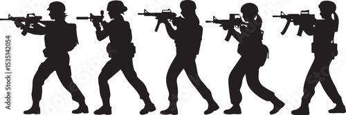 Silhouettes of soldiers in combat positions with rifles