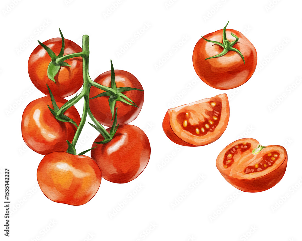 Fresh red tomatoes on the vine with sliced pieces showcasing juicy texture and seeds Fresh red tomatoes on the vine with sliced pieces showcasing juicy texture and seeds