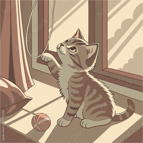 playful tabby kitten rope