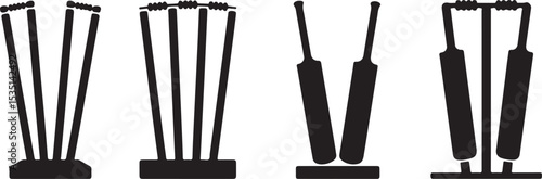 Cricket wickets and bats silhouette icons set