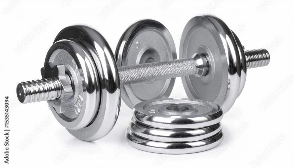 Fototapeta premium Metal Dumbbell and Weight Plates Isolated on White Background for Fitness and Training Use