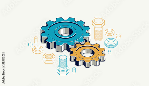 Mechanical engineering concept, gears and cogs composition isometric 3D vector illustration, cogwheels system technology and technics machinery engine.