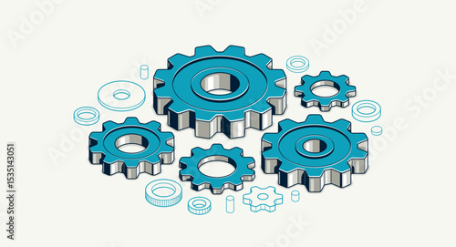 Mechanical engineering concept, gears and cogs composition isometric 3D vector illustration, cogwheels system technology and technics machinery engine.