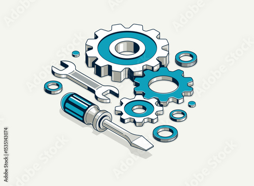 Mechanical engineering concept, gears and tools in 3D isometric projection vector illustration, cogwheels and cogs system technology and technics work in progress.