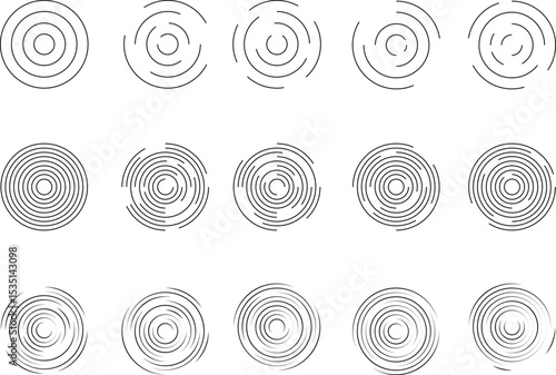 Circular ripple icons set, concentric circles, vortex, sonar wave, soundwave, signal signs, customizable stroke, vector, illustration