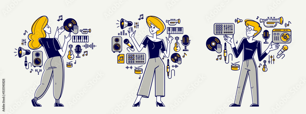 Fototapeta premium Music producer composing new track vector outline illustration set, sound engineer doing his job in recording studio, composer creating audio mix.