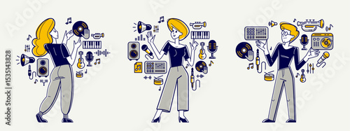 Music producer composing new track vector outline illustration set, sound engineer doing his job in recording studio, composer creating audio mix.