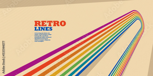 Retro style abstract background with curve lines in all colors of rainbow, 3D dimensional seventieth vector art.