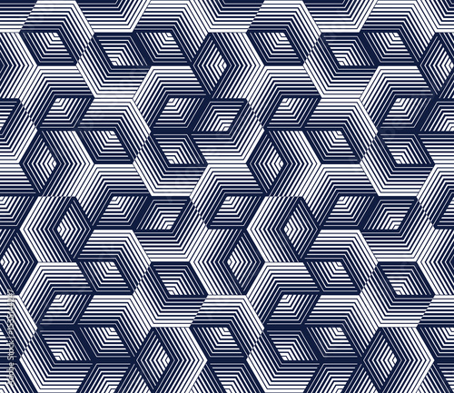 Cubes seamless pattern, abstract 3D optic background, trippy isometric linear polygon endless wallpaper, surreal effect black and white tiling pattern.