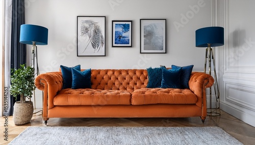 a sophisticated interior featuring an orange velvet chesterfield sofa adorned with deep blue cushions placed against a simple white wall with framed art