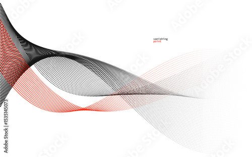 Smooth and relaxing shape vector abstract background with wave of flowing particles, curve lines of dots in motion, red and black tranquil and soft image.