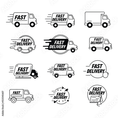 Fast Delivery Truck Icons in Line Art and Solid Styles and Vector Illustrations for Shipping, Logistics, Transport, Express Courier Service, E-commerce, and Cargo Business