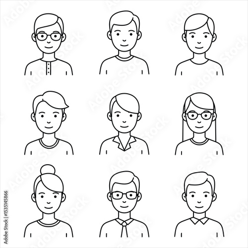 Simple line art illustrations of diverse people faces men women short hair long hair glasses bun hairstyles Vector Illustration for Design, Business, and Stock Platforms