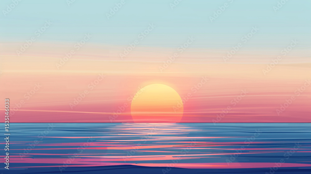 Minimalist digital illustration of a tranquil sunset over the ocean, with soft pastels and reflective waters. Minimalist digital illustration of a tranquil sunset over the ocean, with soft pastels and reflective waters.