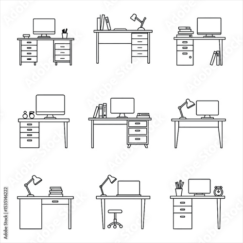 Line Drawings of Desks with Computers Lamps Books and Office Supplies monitor Vector Illustration for Design, Business, and Stock Platforms