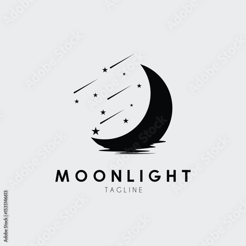 crescent moon with meteor shower vector logo design