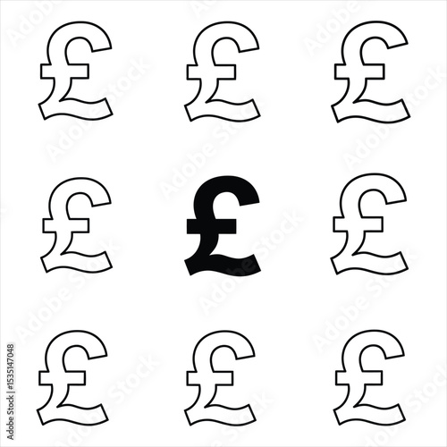 Nine outline pound sterling symbols surround a single bold black pound symbol on white background simple graphic design Vector Illustration for Design, Business, and Stock Platforms