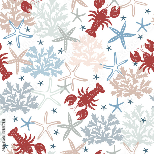 Marine vector hand drawn pattern with sea shells, stars, coral and lobsters. Perfect for textiles, wallpaper and prints.