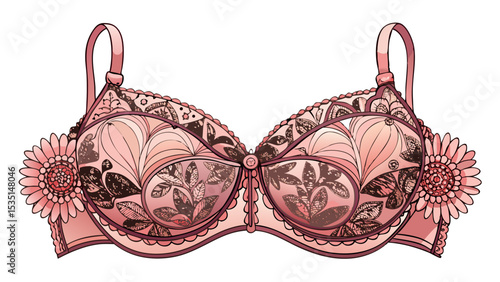 Romantic balconette bra in blush tone with embroidered lace cups and wide-set straps laid out on white background. A perfect balance of support and style for classic vector looks.