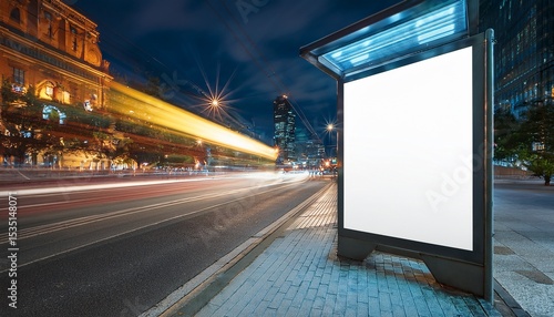 a blank vertical billboard at a bus stop in a city at night with blurred city lights and traffic in the background providing a mockup space for advertising or information