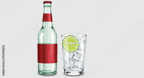 Refreshing Soda Water with Lime Slice and Ice Cubes


