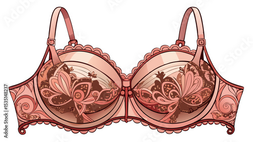 Romantic balconette bra in blush tone with embroidered lace cups and wide-set straps laid out on white background. A perfect balance of support and style for classic vector looks.