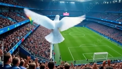 white Dove flying symbolizing the Holy Spirit, stadium background